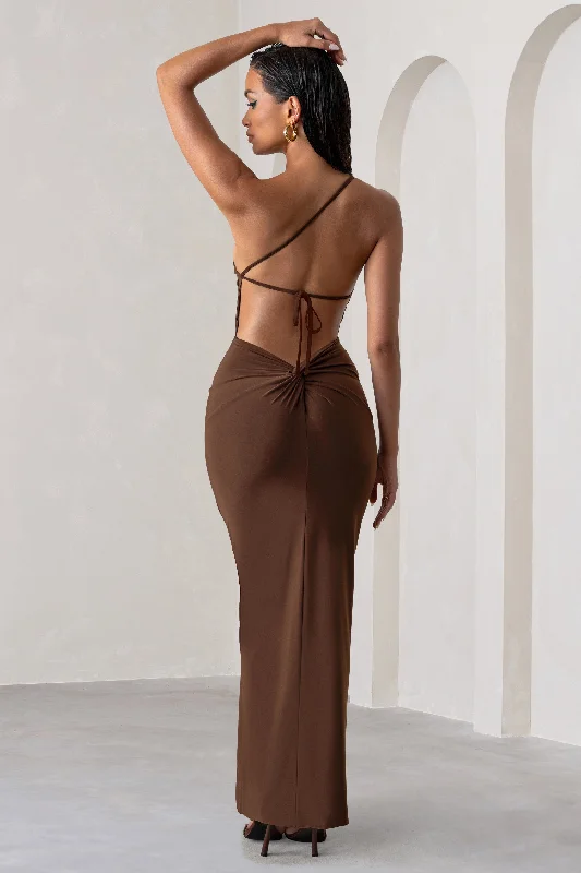 Dressing Up | Chocolate Brown One Shoulder Maxi Dress With Open Back Detail Cozy Ribbed Maxi Dress