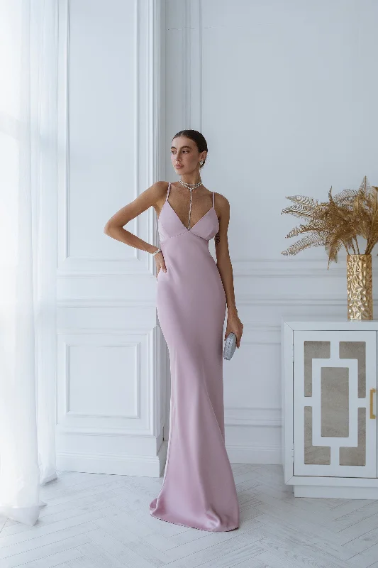 Dusty Pink Satin Slip Maxi Dress Trendy Maxi Dress with Lace