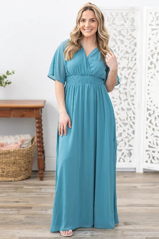 Dusty Teal Leg Slit Maxi Dress Elegant Maxi Dress with Drapes