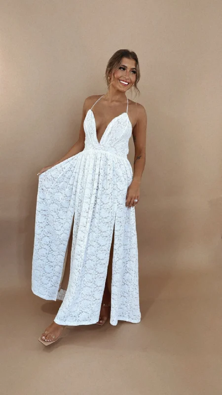 ECB Exclusive: Layla Lace Maxi Dress, White Fashionable Faux Wrap Maxi Dress