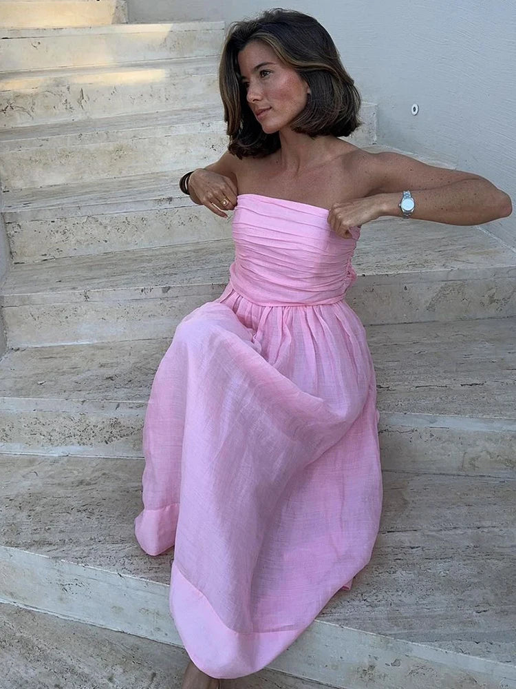 Elegant Pink Strapless Women Cotton Linen Maxi Dress Fashion Backless Sleeveless Pleated Dresses Sunner Lady Street Robes Fashionable Chiffon Tiered Maxi Dress
