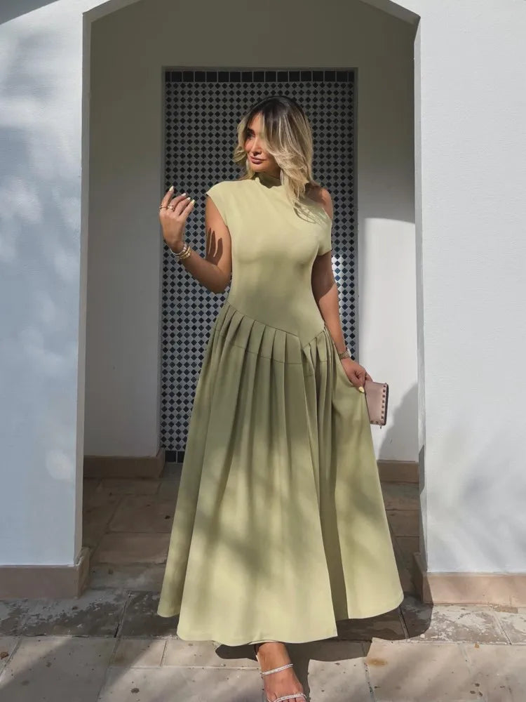 Elegant Solid Asymmetry Women Maxi Dress Fashion Stand Collar Short Sleeve Pleated A-line Dresses Lady Slim Commuting Robes Comfortable Ruffle Hem Maxi Dress