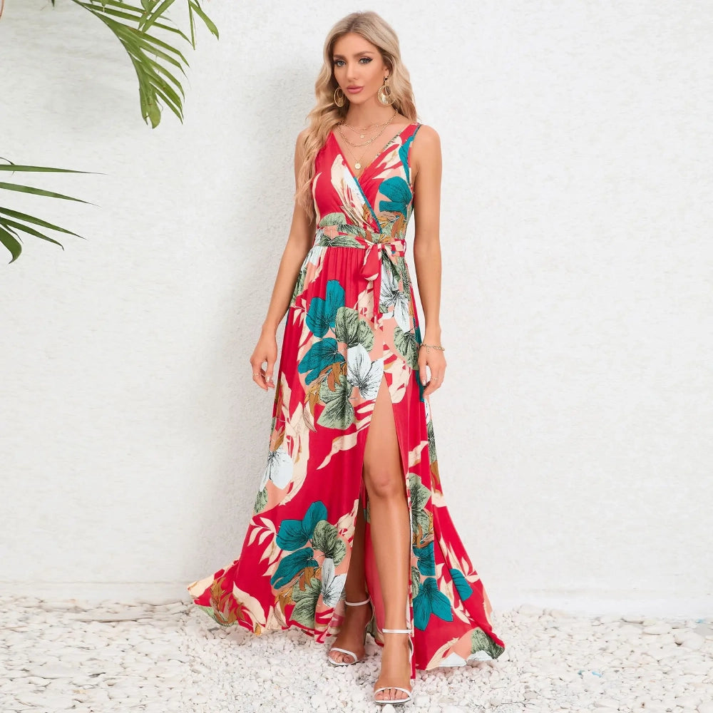 Elegant Summer V-Neck Paisley Maxi Dress Stylish Long Sleeve Maxi Dress