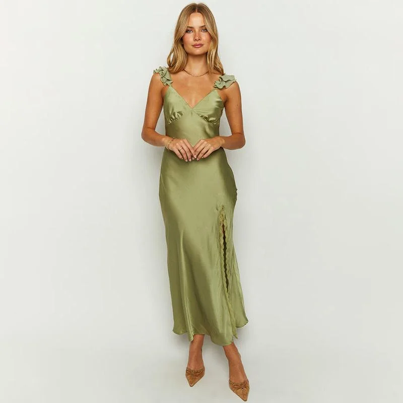 Elegant V-Neck Sleeveless Ruffle Maxi Dress with Backless Design Trendy Satin Maxi Dress