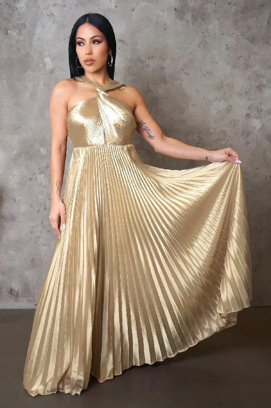 Ella Satin Pleated Maxi Dress Champagne Chic Button-Up Maxi Dress