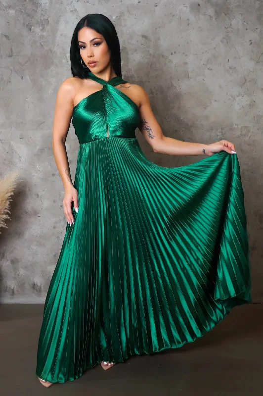 Ella Satin Pleated Maxi Dress Green Fashionable Printed Maxi Dress