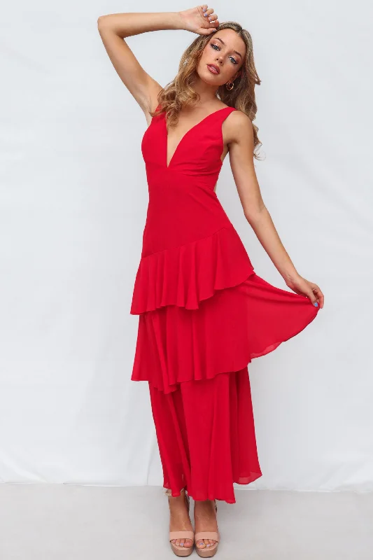 Elleny Maxi Dress - Red Cozy Spaghetti Strap Maxi Dress