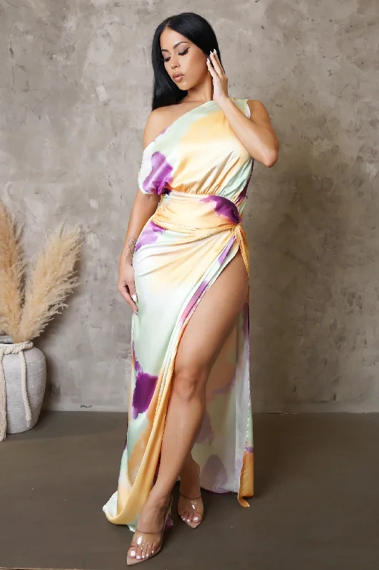 Elsinore Satin One Shoulder Maxi Dress Multicolor Trendy Maxi Dress with Lace