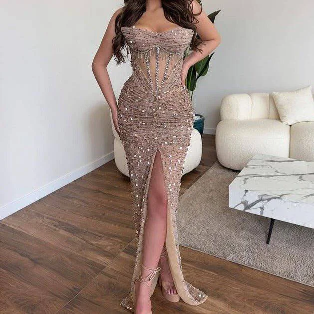 Emily Sweetheart Neck Side Slit Glitter Sequins Maxi Dress Classic V-Neck Maxi Dress Emily Sweetheart Neck Side Slit Glitter Sequins Maxi Dress Classic V-Neck Maxi Dress