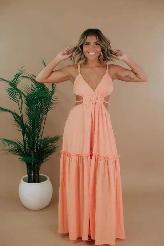 Enchanted Moments Maxi Dress, Orange Elegant Maxi Dress with Drapes