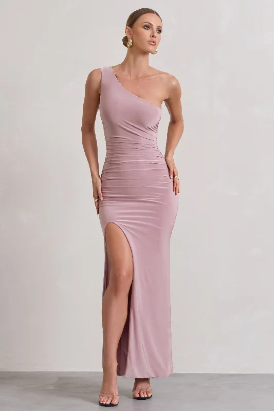 Ethereal | Dusky Lilac One Shoulder Ruched Split Maxi Dress Fashionable Off-Shoulder Maxi Dress