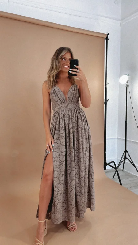 ECB Exclusive: Layla Lace Maxi Dress, Taupe Stylish Pleated A-Line Maxi Dress