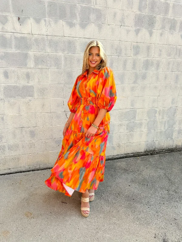 Fall Watercolors Button Up Maxi Dress Chic Off-Shoulder Maxi Dress