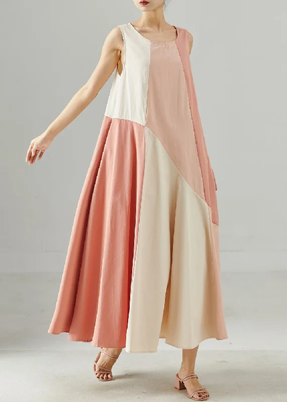 Fine Pink Oversized Patchwork Cotton Maxi Dress Summer Casual Maxi Dress with Pockets