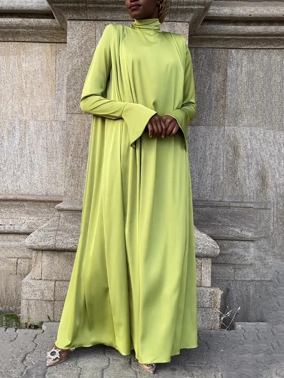 Zjkrl - Flared Sleeves Long Sleeves Solid Color High-Neck Maxi Dresses Classic V-Neck Maxi Dress