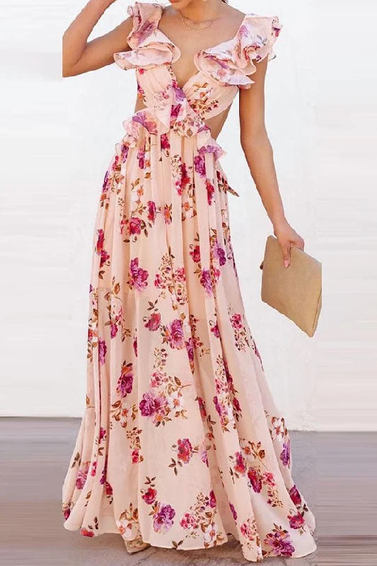 Floral Print Elegant Ruffle Tie Back Maxi Dress Stylish One-Shoulder Maxi Dress