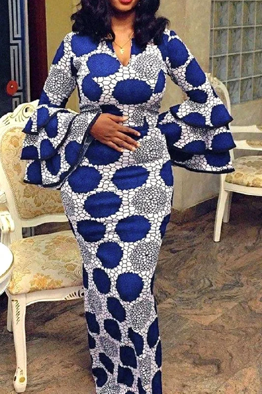 Floral Print Stunning Trumpet Sleeve Maxi Dress Trendy Satin Maxi Dress