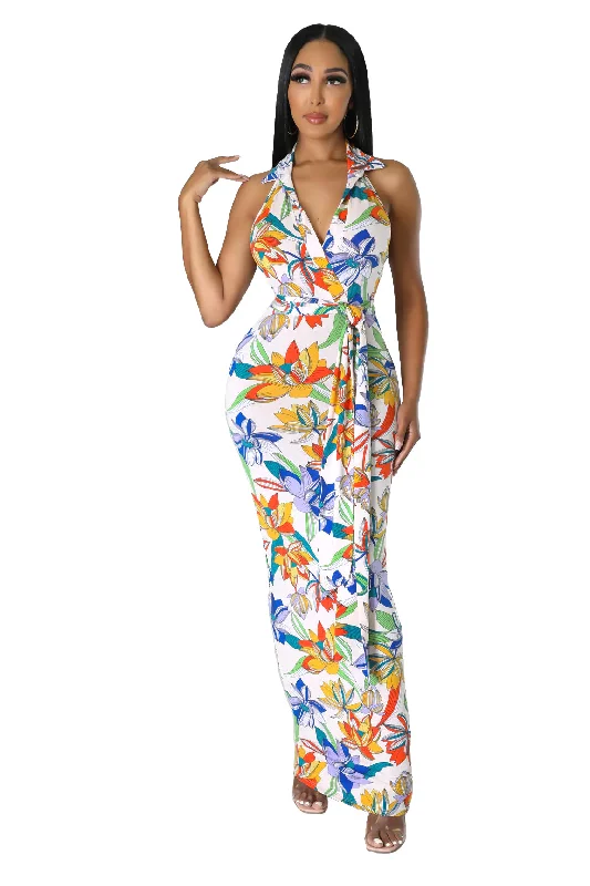 Flower Pattern Halter Maxi Dress Comfortable Casual Maxi Dress