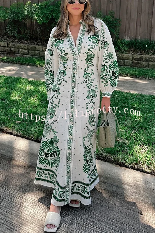 Forest Soul Unique Print Button Down Long Sleeve Shirt Maxi Dress Elegant Maxi Dress with Lace