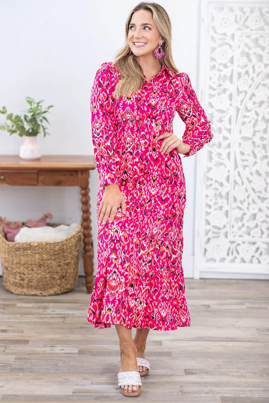 Fuchsia Abstract Print Long Sleeve Maxi Dress Fashionable Off-Shoulder Maxi Dress