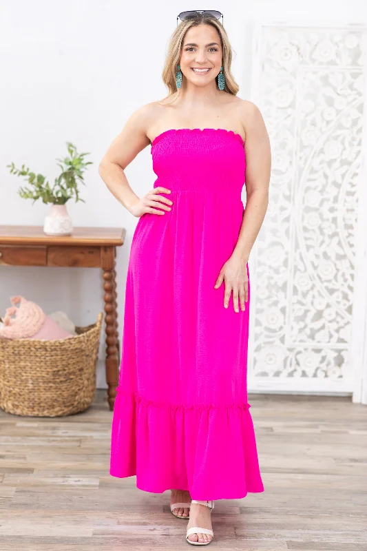 Fuchsia Strapless Boho Maxi Dress Elegant Pleated Maxi Dress