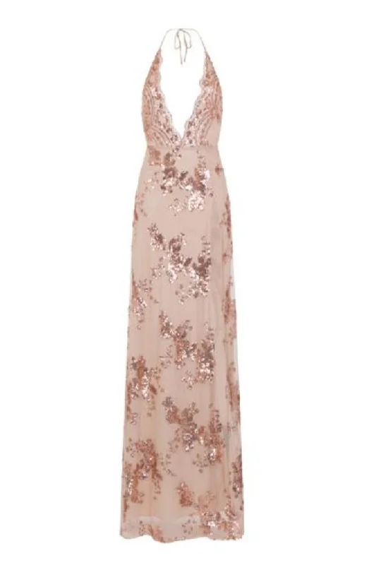 Gala Rose Gold Plunge Halterneck Floral Sequin Thigh Slit Maxi Dress Comfortable Maxi Dress with Belt Gala Rose Gold Plunge Halterneck Floral Sequin Thigh Slit Maxi Dress Comfortable Maxi Dress with Belt