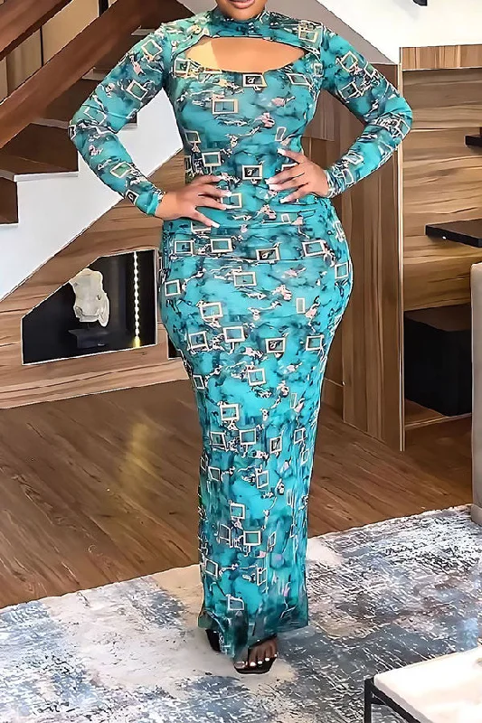 Geometric Print Cutout Urban Split Back Maxi Dress Cozy Knit Maxi Dress