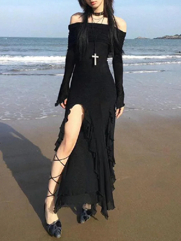Gothic Black Side Split Maxi Dress Chic Summer Floral Maxi Dress