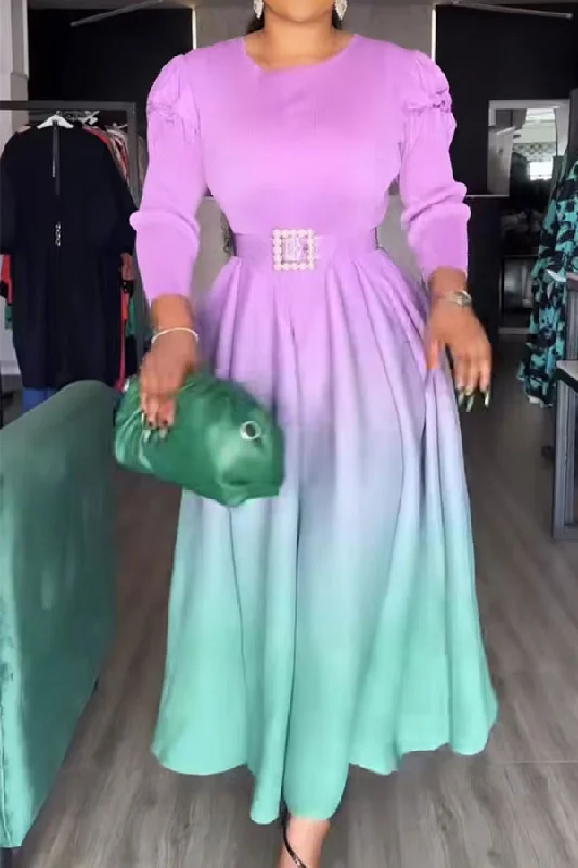 Gradient Round Neck Feminine Pleated Maxi Dress Cozy Maxi Dress with Slit