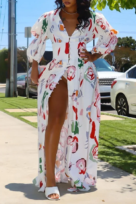 Graffiti Print Cute Puff Sleeve High Split Maxi Dress Elegant Maxi Dress with Belt
