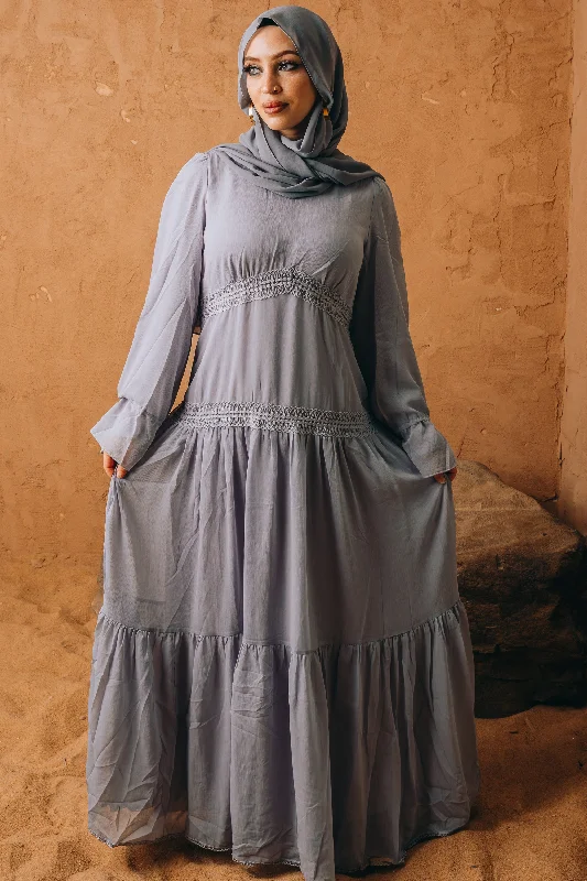 Gray Lace Empire Waist Tiered Maxi Dress Fashionable Sheer Maxi Dress