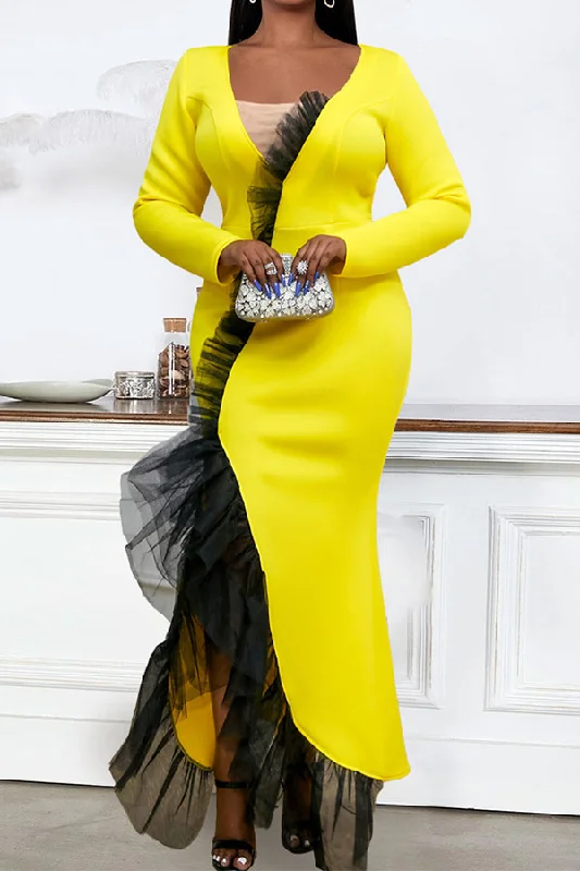 Hit Color Tulle Patchwork Modern Fishtail Maxi Dress Chic Off-Shoulder Maxi Dress