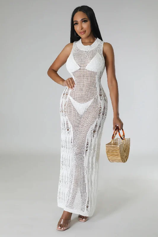 Ibiza Bound Crochet Cover Up Maxi Dress White Comfortable Maxi Dress with Sleeves