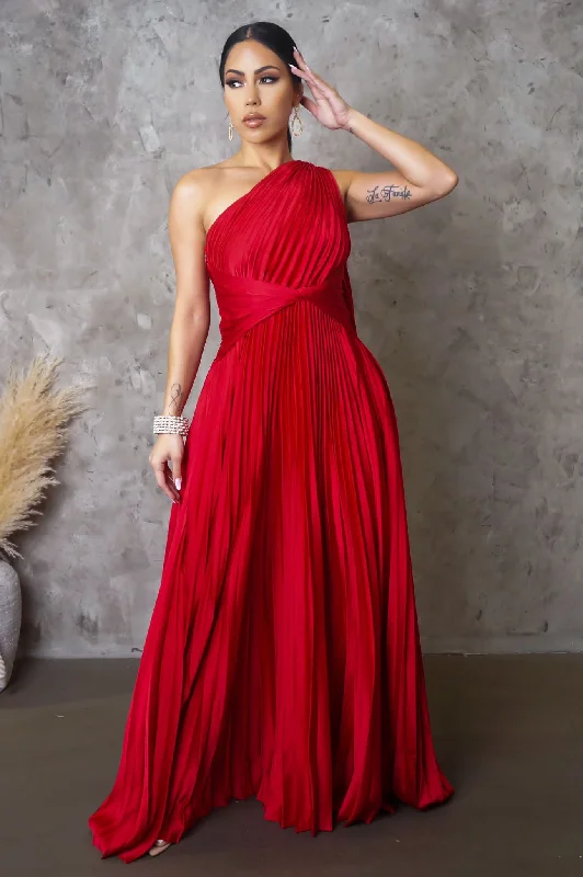 Jezebel Satin Pleated Maxi Dress Red Trendy Ruffled Maxi Dress