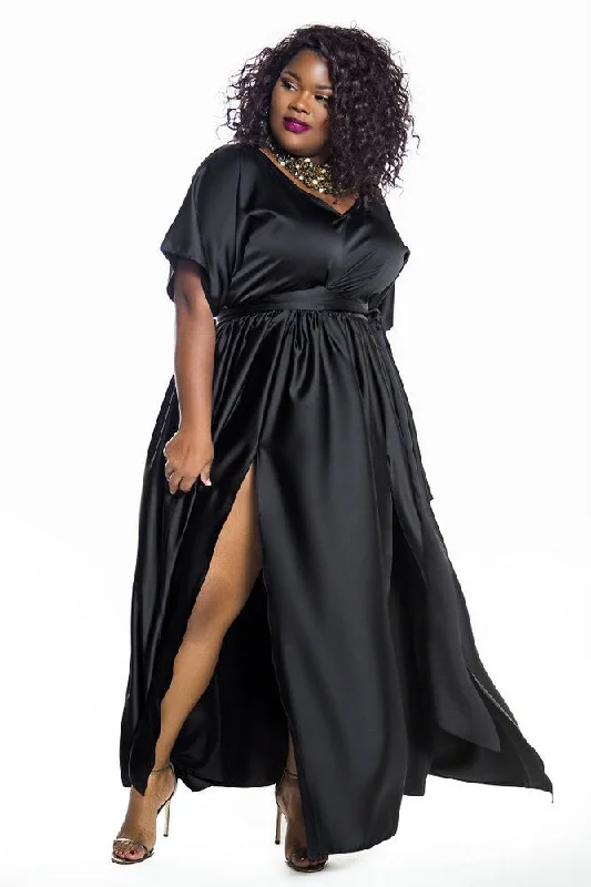 Black Bat Sleeved Maxi Dress- JIBRI Stylish One-Shoulder Maxi Dress