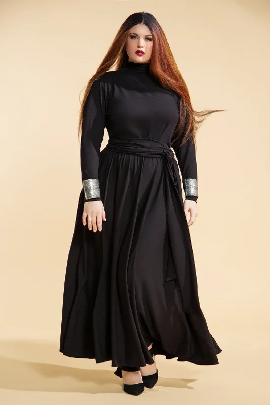 Long Sleeved Mock Neck Flare Maxi Dress- JIBRI Trendy A-Line Maxi Dress