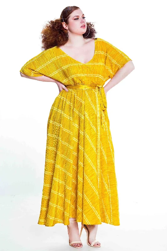 Mustard/Cream Bat Sleeved Maxi Dress- JIBRI Trendy V-Neck Maxi Dress