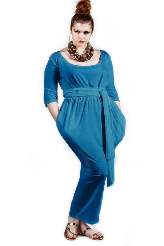 Mid Sleeved Scoop Neck Slouch Maxi Dress- JIBRI Trendy Maxi Dress with Belt