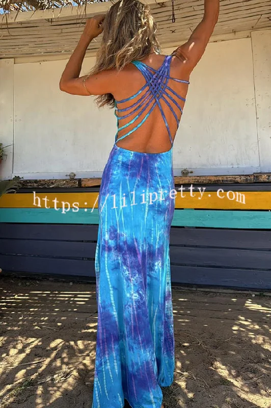 La Bamba Tie-dye Print Back Lace-up Stretch Maxi Dress Elegant Lace-Up Maxi Dress