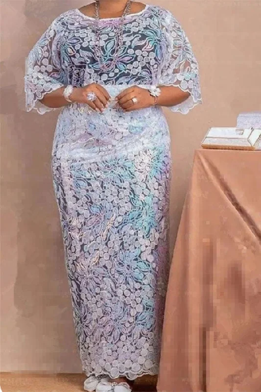 Lace Floral Embroidery Stylish Lace-Up Maxi Dress Cozy Ribbed Maxi Dress