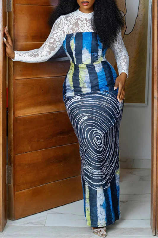 Lace Patchwork Abstract Print Smart Maxi Dress Comfortable Fitted Maxi Dress