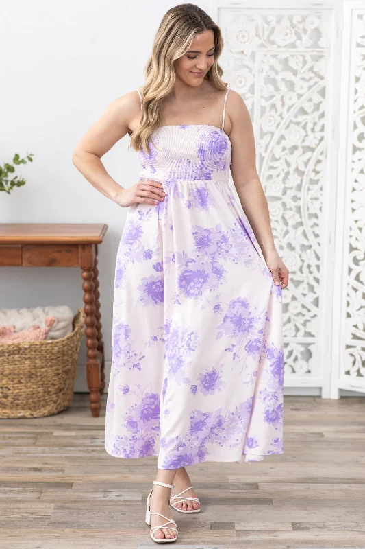 Lavender Floral Smocked Bodice Maxi Dress Stylish Long Sleeve Maxi Dress