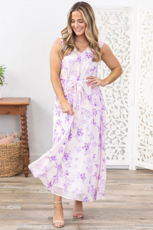 Lavender V-Neck Self Tie Floral Maxi Dress Trendy Floral Print Maxi Dress