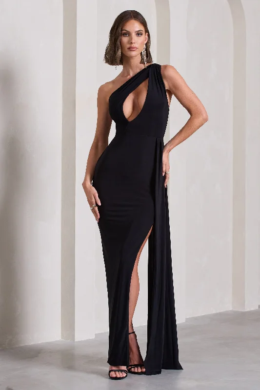 Lavish | Black One Shoulder Drape Maxi Dress Chic Button-Up Maxi Dress