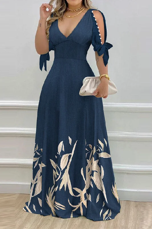 Leaf Print Elegant Beaded Decor Maxi Dress Trendy A-Line Maxi Dress