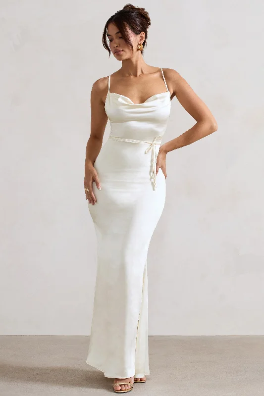 Lifetime | Ivory Satin Cowl Neck Maxi Dress With Cross Back Detail Trendy A-Line Maxi Dress