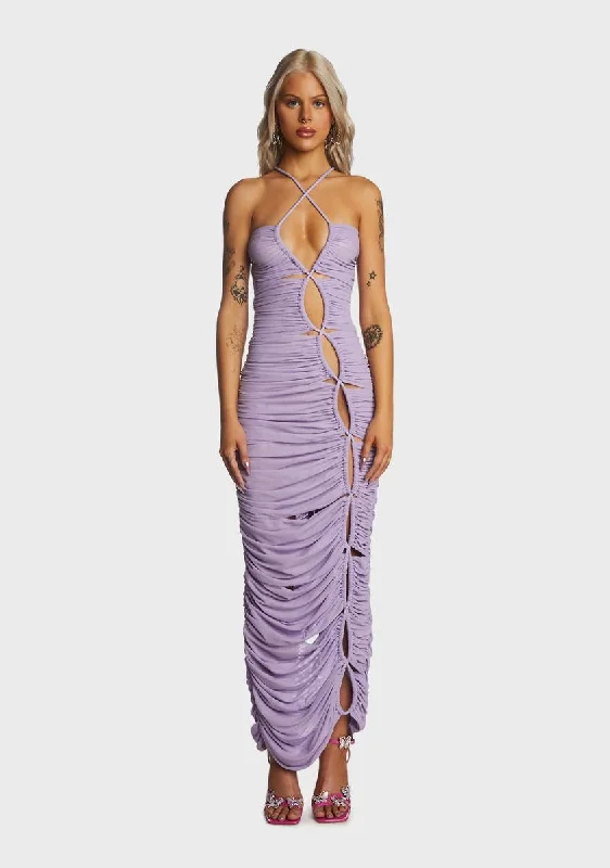Lilac Cross Tie Shirred Maxi Dress Fashionable High-Waist Maxi Dress
