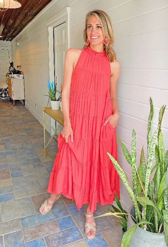 Lisbeth Coral Tiered Maxi Dress Trendy Floral Print Maxi Dress