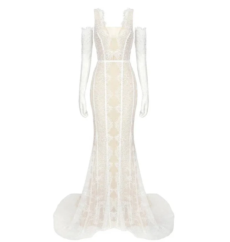 Livia Lace See Through Maxi Dress Comfortable Ruffle Hem Maxi Dress
