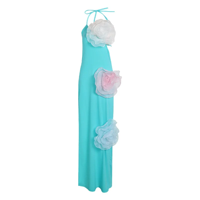 Lizzie Halter Neck Floral Embellished Backless Maxi Dress Cozy Open-Back Maxi Dress